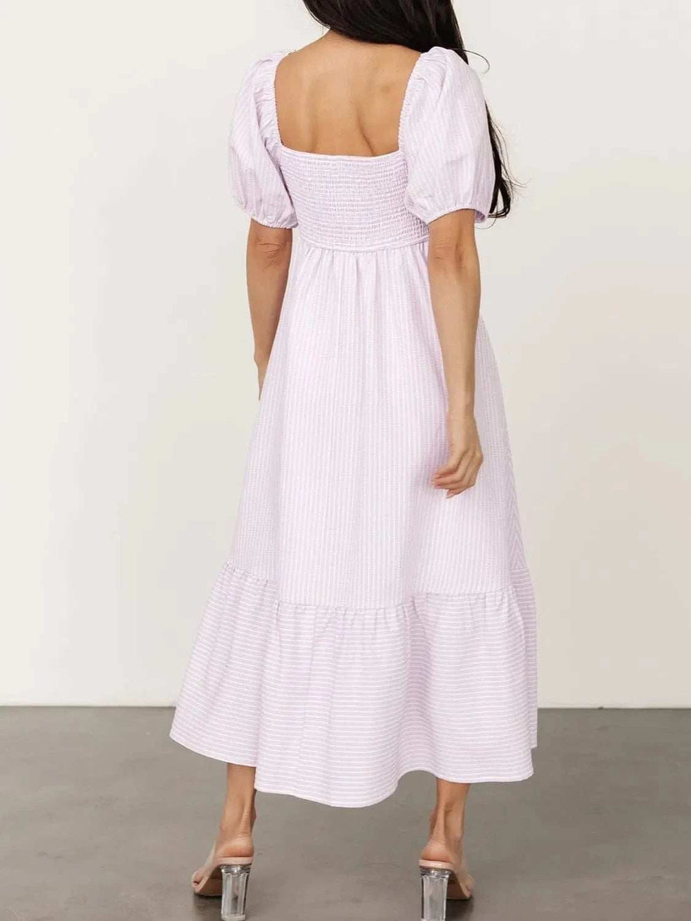 Striped Sweetheart Neck Puff Sleeve Midi Dress - Trendsi - Flyclothing LLC