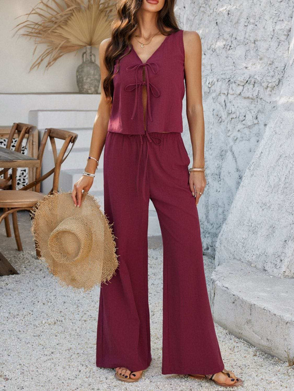 Devine Tied V-Neck Sleeveless Top and Pants Set - Trendsi - Flyclothing LLC