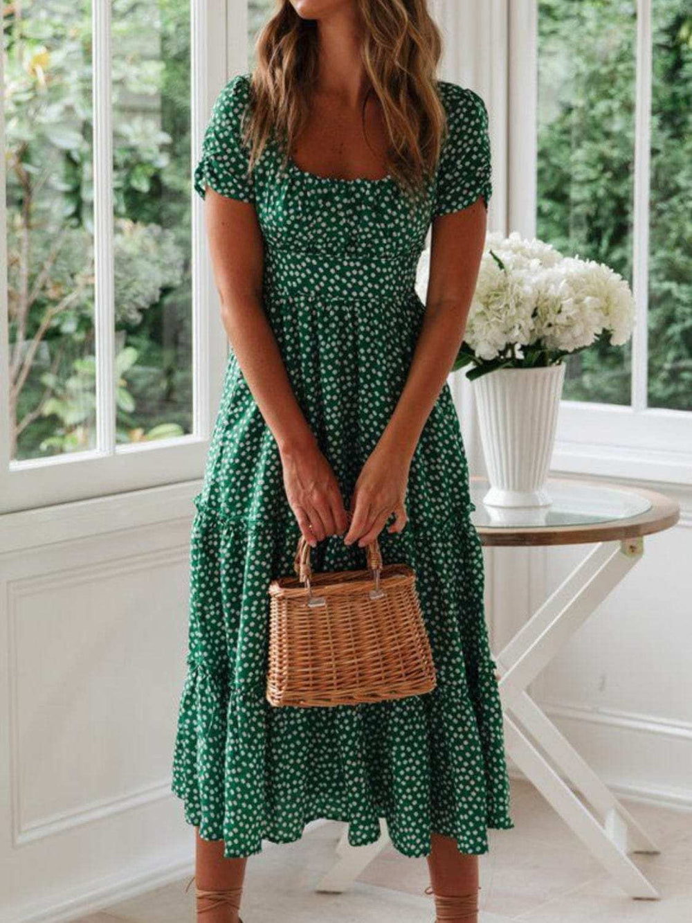 Printed Square Neck Short Sleeve Midi Dress - Trendsi - Flyclothing LLC