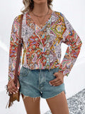 Printed V-Neck Long Sleeve Blouse - Trendsi - Flyclothing LLC
