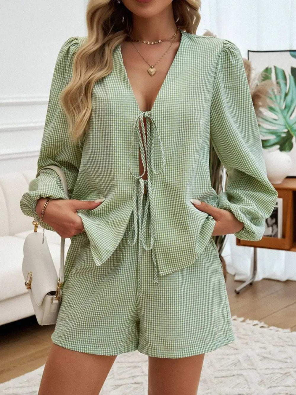 Tied Long Sleeve Top and Shorts Set - Trendsi - Flyclothing LLC