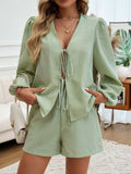 Tied Long Sleeve Top and Shorts Set - Trendsi - Flyclothing LLC