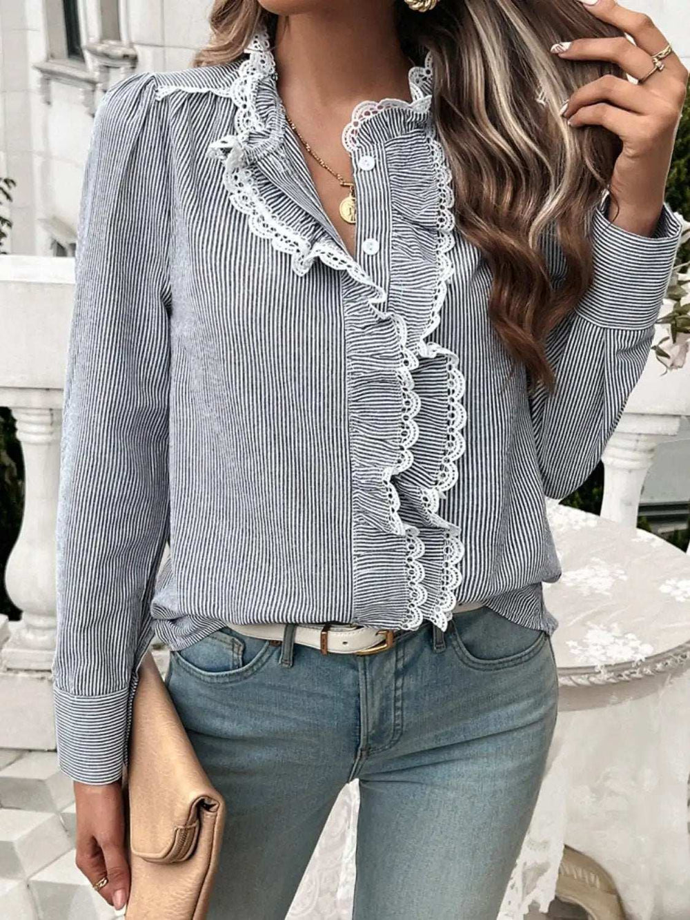 Lace Detail Ruffled Round Neck Long Sleeve Shirt - Trendsi - Flyclothing LLC
