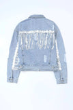 Sequin Fringe Trim Distressed Button Up Denim Jacket - Trendsi - Flyclothing LLC