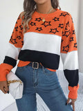 Star Contrast Round Neck Sweater - Trendsi - Flyclothing LLC