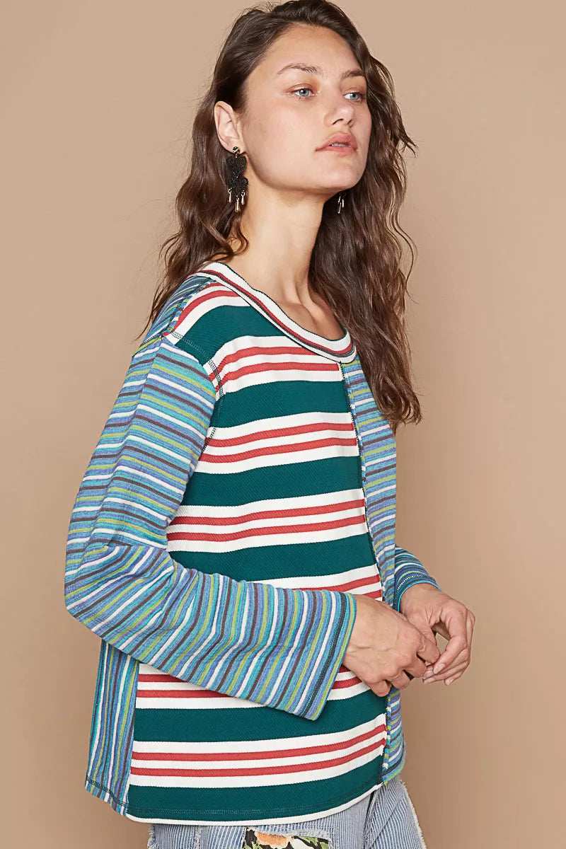 POL Color Block Striped Round Neck Long Sleeve T-Shirt - Trendsi - Flyclothing LLC