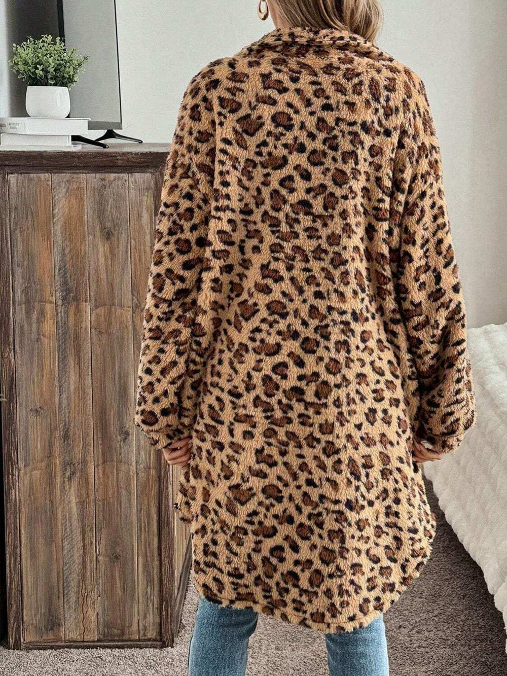 Leopard Button Up Long Sleeve Fuzzy Coat - Trendsi - Flyclothing LLC