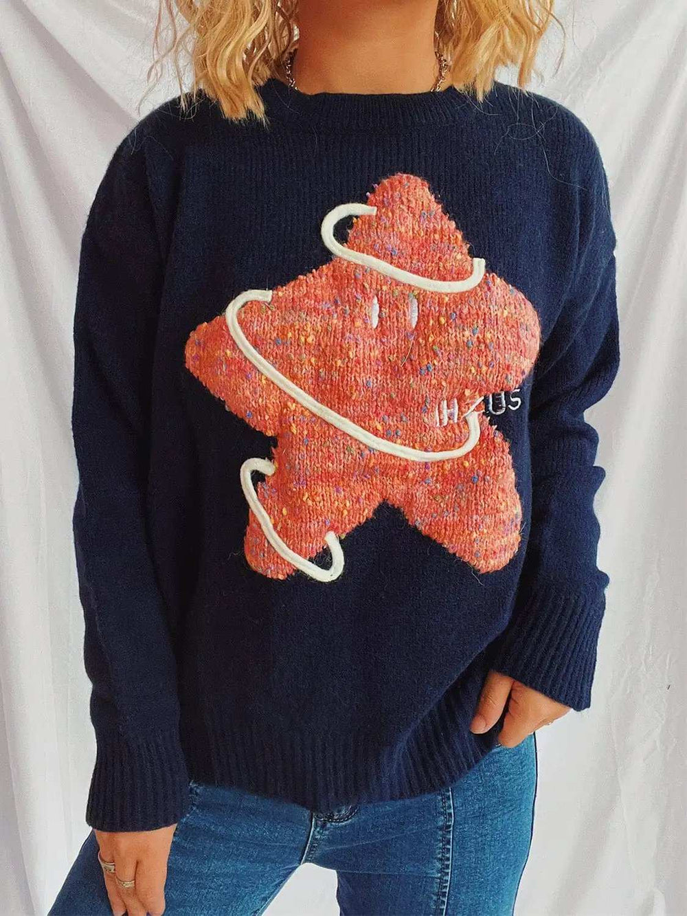 Contrast Star Round Neck Long Sleeve Sweater - Trendsi - Flyclothing LLC