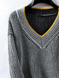 Striped V-Neck Long Sleeve Sweater - Trendsi - Flyclothing LLC