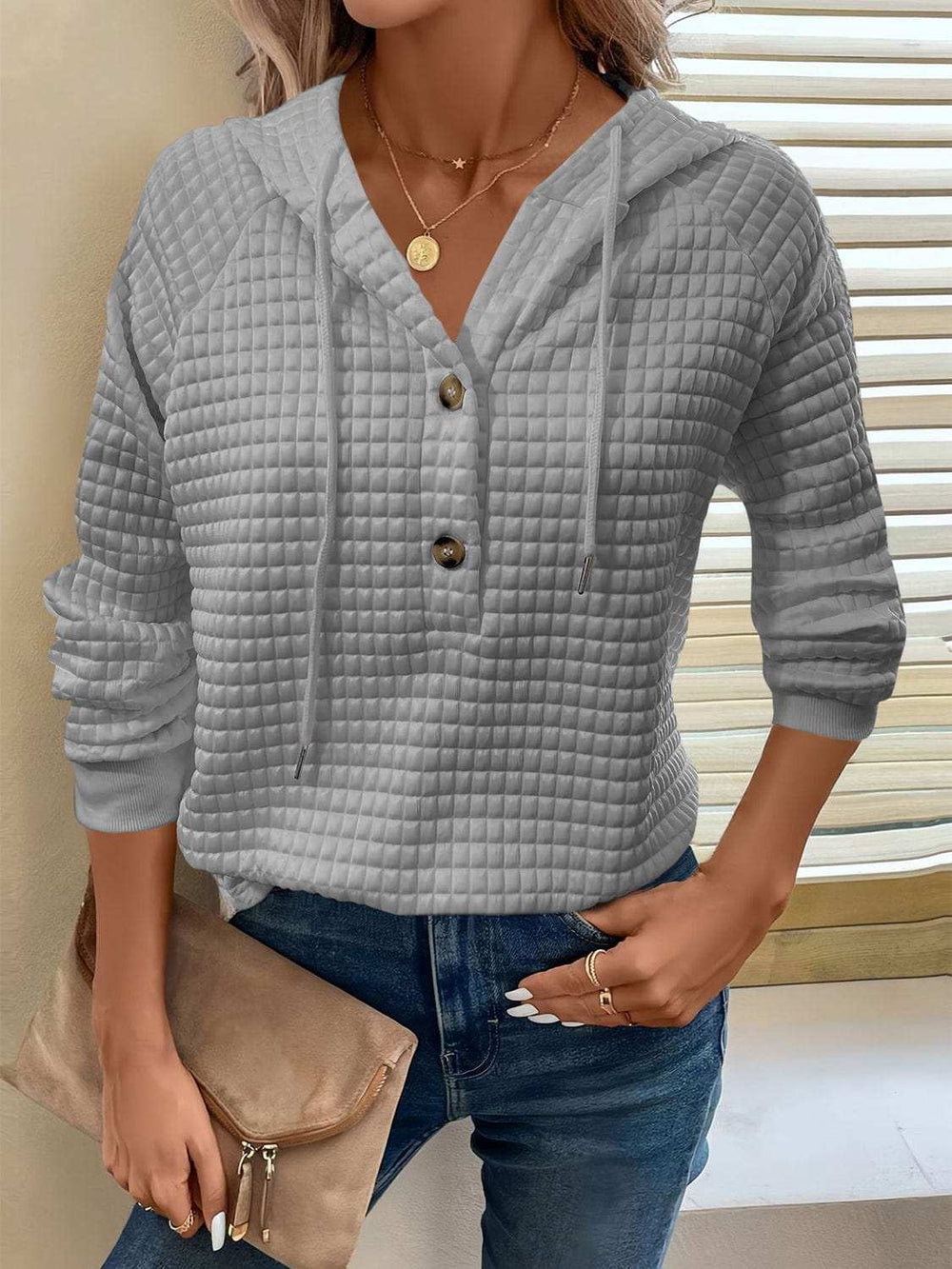 Full Size Texture Button Detail Drawstring Long Sleeve Hoodie - Trendsi - Flyclothing LLC