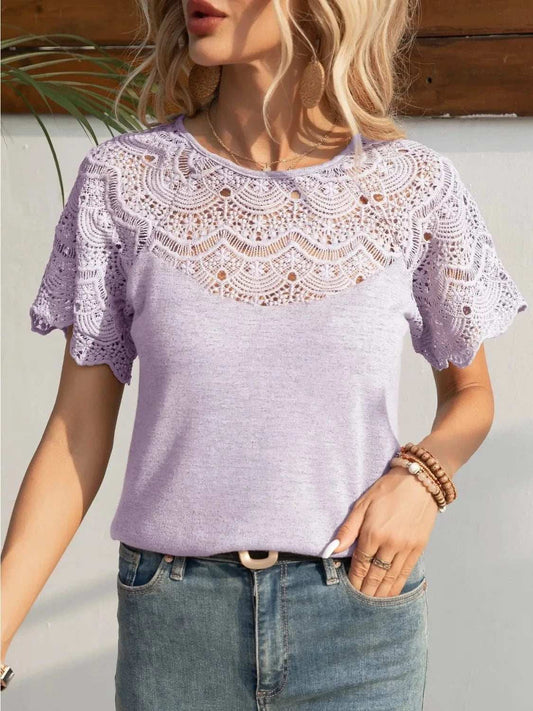 Round Neck Short Sleeve Crochet Top - Trendsi - Flyclothing LLC