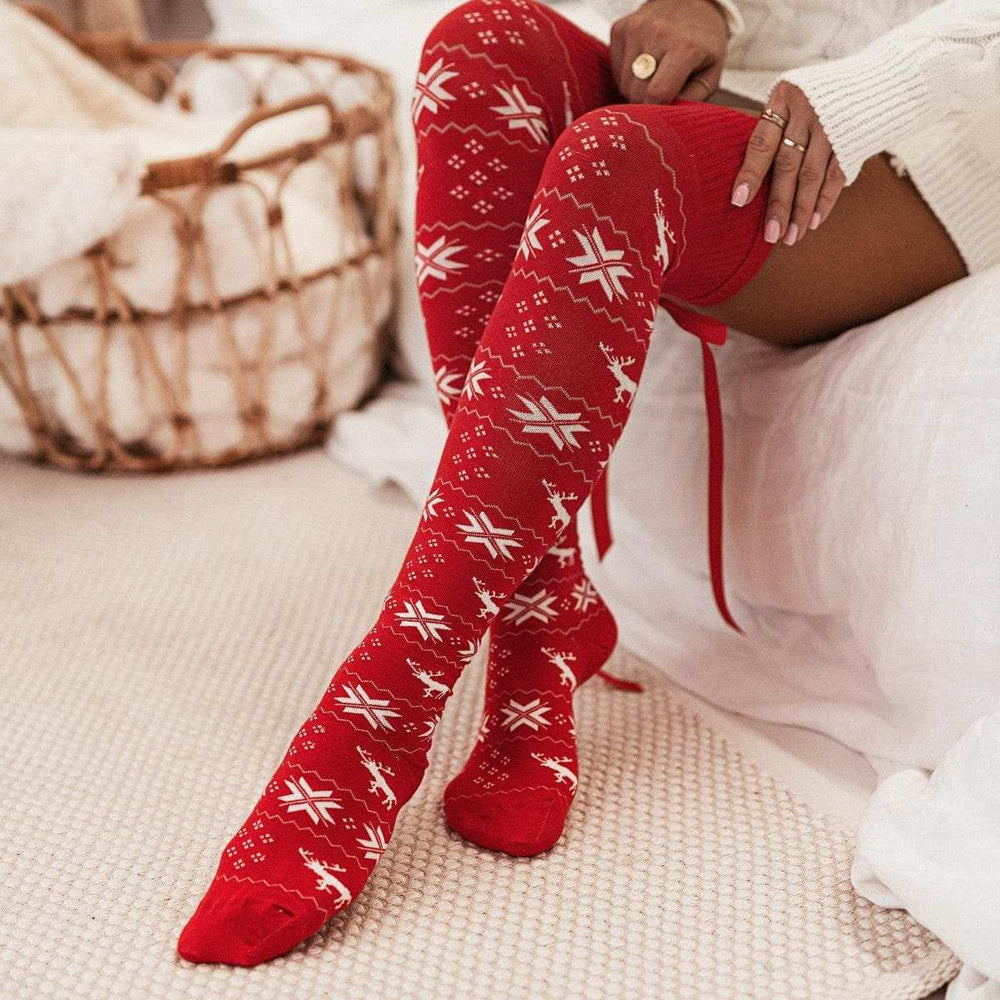 Christmas Element Bowknot Ribbed Trim Over Knee Stockings - Trendsi - Flyclothing LLC