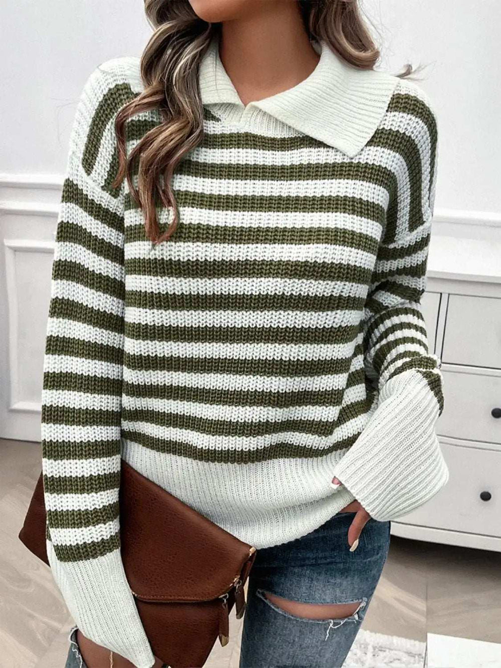 Striped Collared Neck Long Sleeve Sweater - Trendsi - Flyclothing LLC