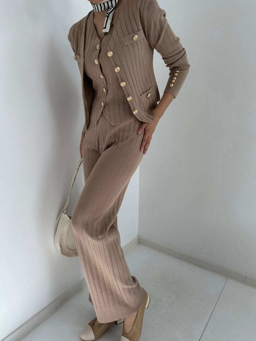 V-Neck Tank, Cardigan and Pants Three-Piece Sweater Set - Trendsi - Flyclothing LLC