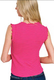 Zenana Ribbed Ruffle Trim Sleeveless Stripe Top - Trendsi - Flyclothing LLC