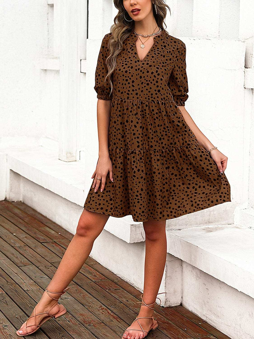 Printed Notched Half Sleeve Dress - Trendsi - Flyclothing LLC