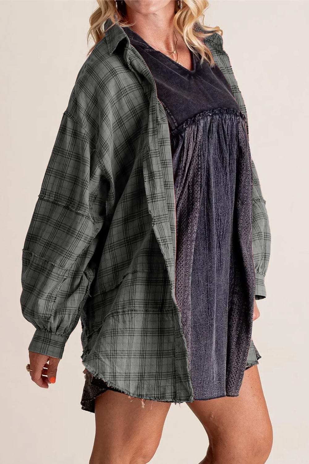 Exposed Seam Plaid Collared Neck Long Sleeve Shirt - Trendsi - Flyclothing LLC