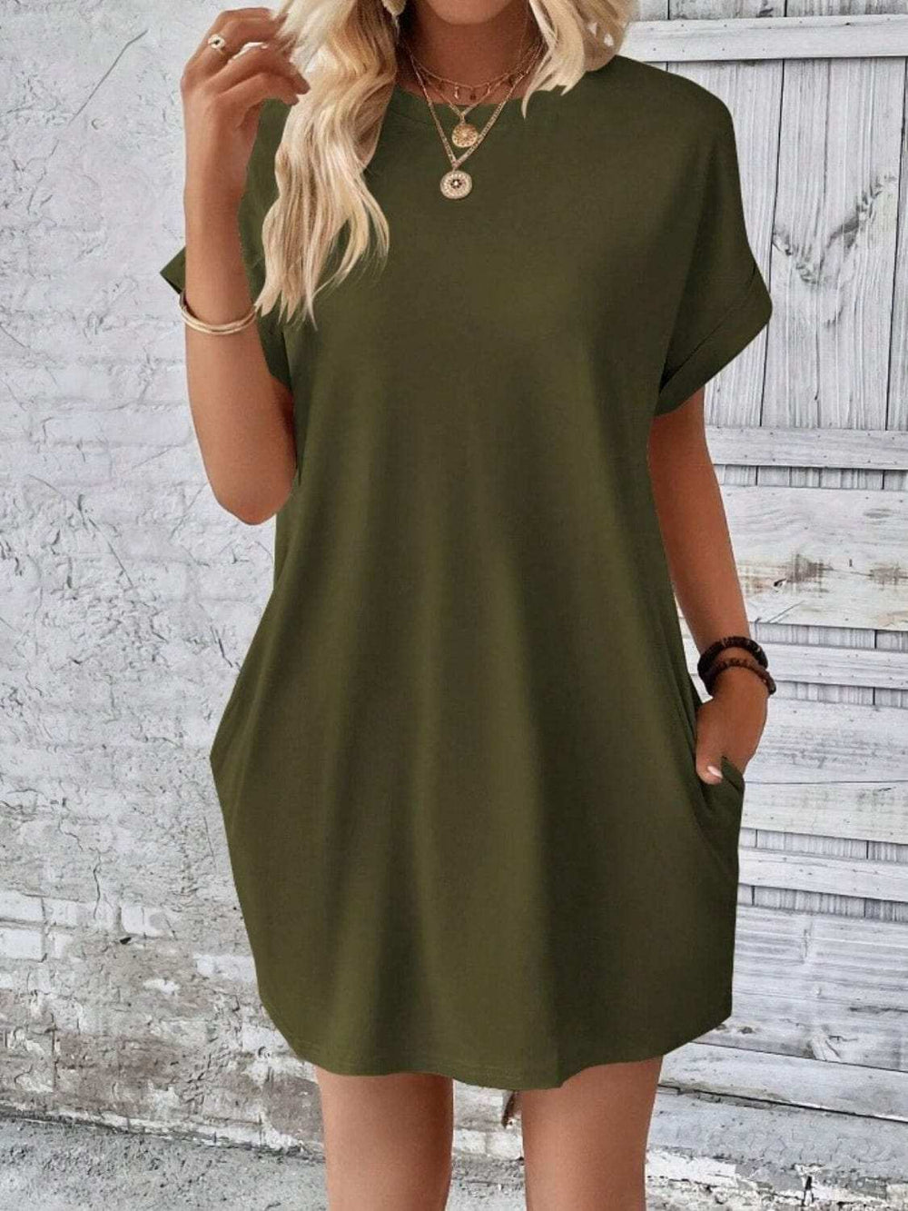 Pocketed Round Neck Short Sleeve Dress - Trendsi - Flyclothing LLC