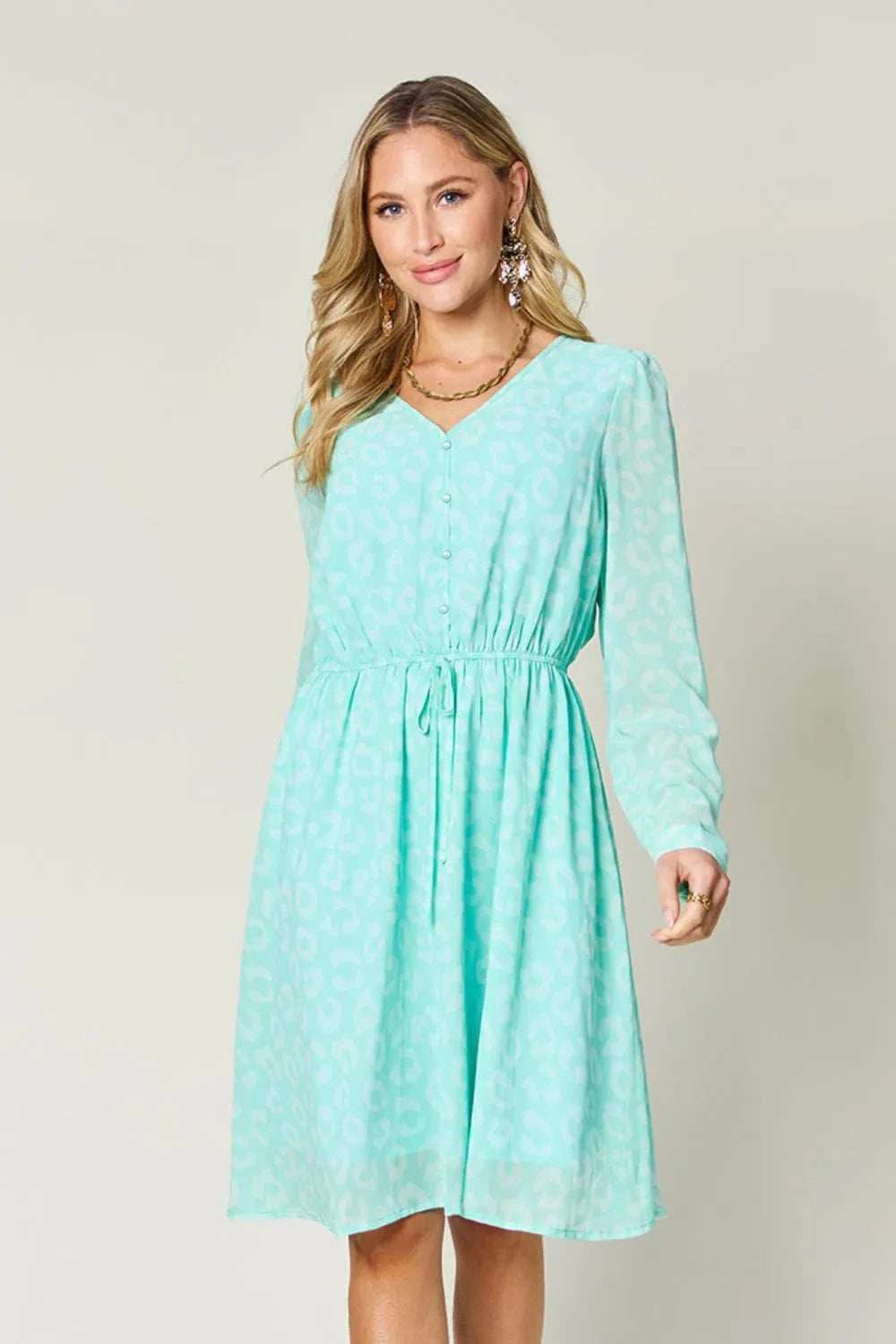 Double Take Full Size Printed Ruched V-Neck Long Sleeve Dress - Trendsi - Flyclothing LLC