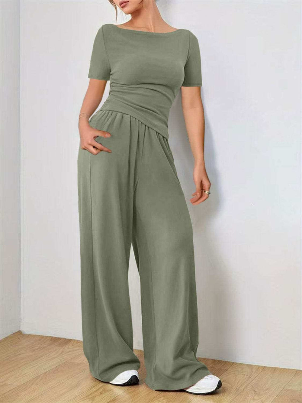 Round Neck Short Sleeve T-Shirt and Pants Set - Trendsi - Flyclothing LLC