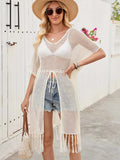 Openwork Fringe Slit Front Knit Cover Up - Trendsi - Flyclothing LLC