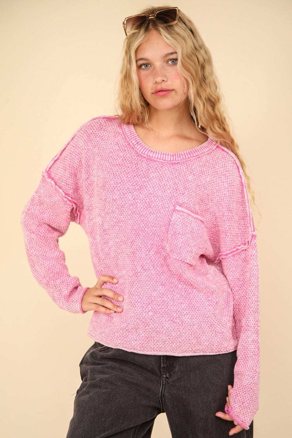 VERY J Mineral Washed Exposed Seam Sweater - Trendsi - Flyclothing LLC