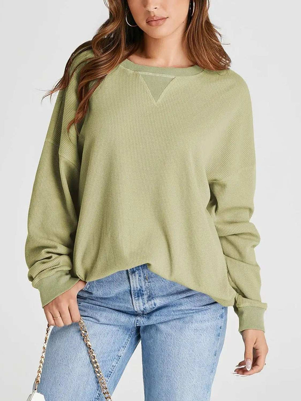 Waffle Knit Round Neck Long Sleeve T-Shirt - Trendsi - Flyclothing LLC