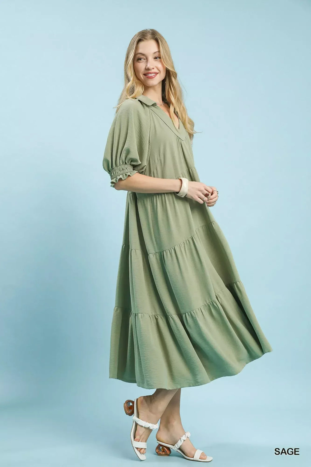 Umgee Solid Tiered Midi Dress - Trendsi - Flyclothing LLC