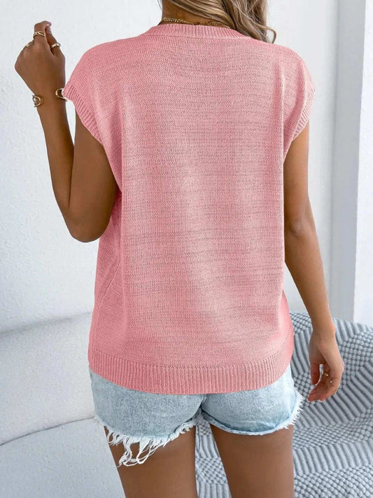 Cable Knit Heart Round Neck Cap Sleeve Knit Top - Trendsi - Flyclothing LLC