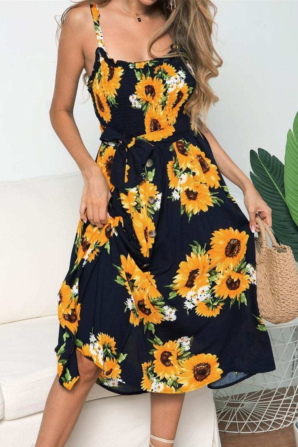 Smocked Sunflower Printed Sleeveless Cami Dress - Trendsi - Flyclothing LLC