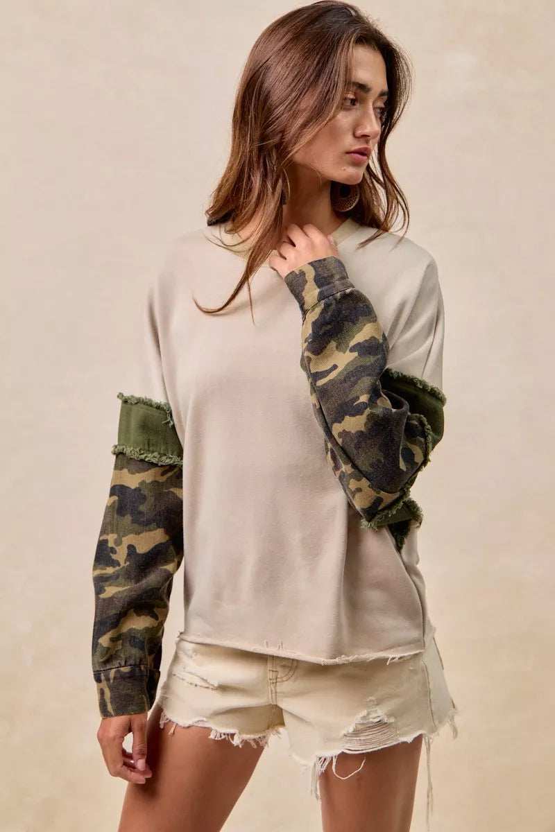 BiBi Camo Sleeve French Terry Top with Frayed Edge - Trendsi - Flyclothing LLC