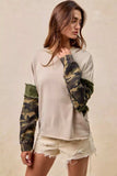 BiBi Camo Sleeve French Terry Top with Frayed Edge - Trendsi - Flyclothing LLC