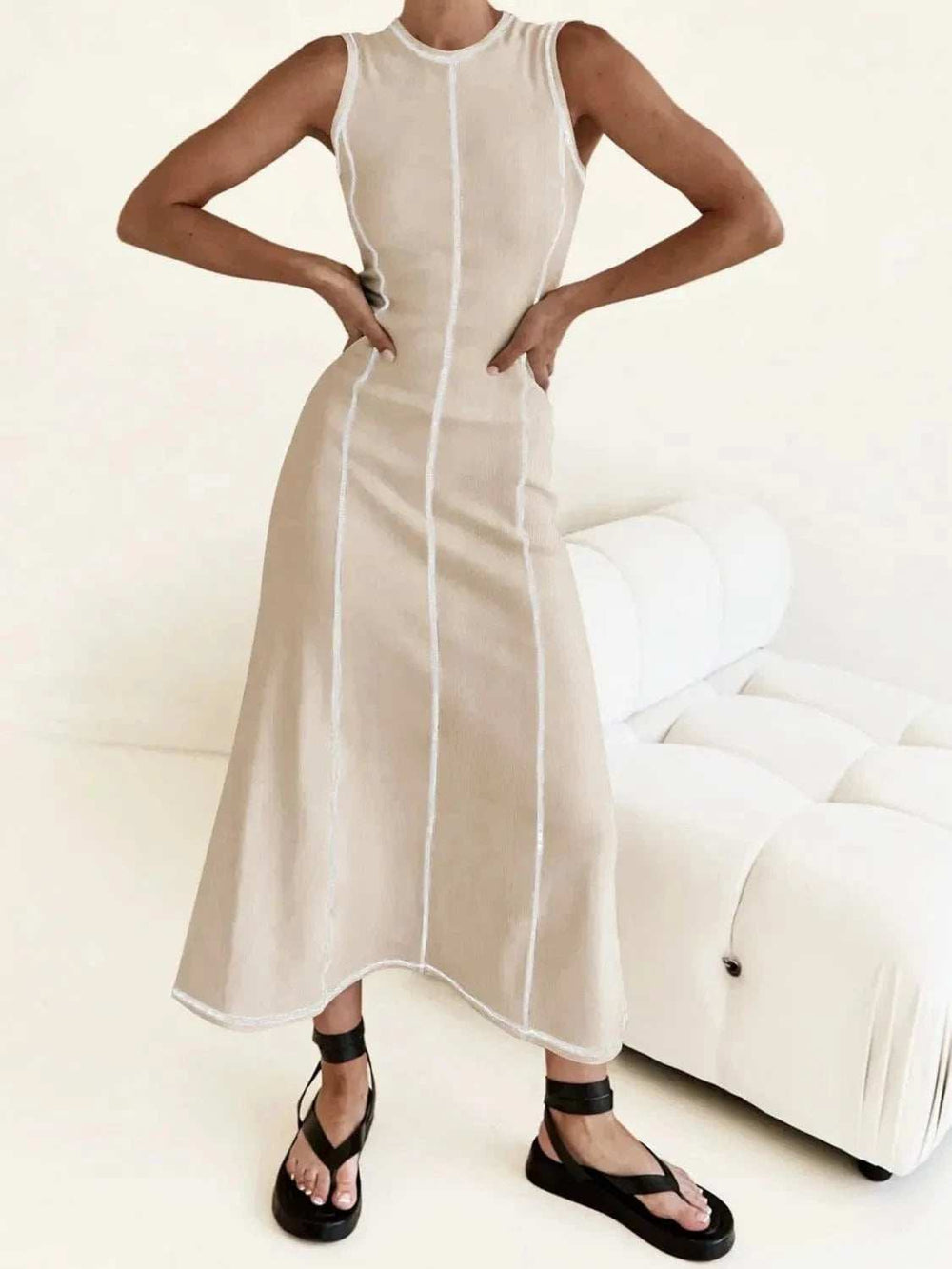 Contrast Stitching Round Neck Sleeveless Midi Dress - Trendsi - Flyclothing LLC