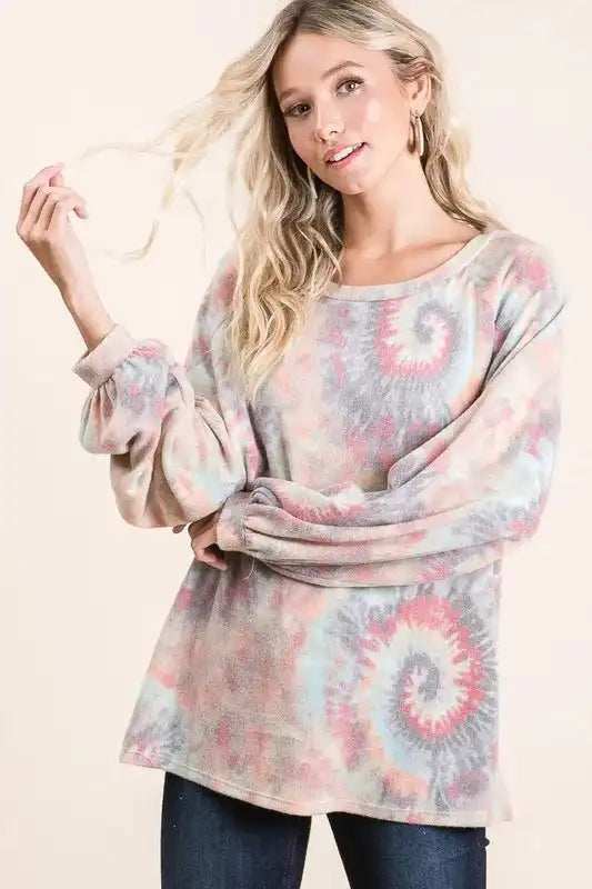 BiBi Brushed Tie Dye Print Top with Puff Sleeves - Trendsi - Flyclothing LLC