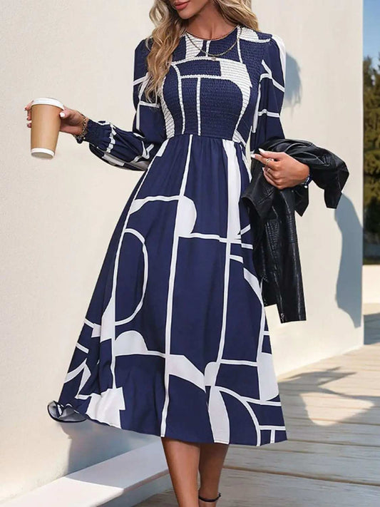 Smocked Color Block Long Sleeve Midi Dress - Trendsi - Flyclothing LLC