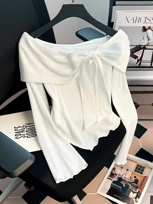 Off-Shoulder Bowknot Ribbed Knit T-Shirt - Trendsi - Flyclothing LLC