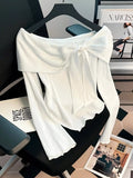 Off-Shoulder Bowknot Ribbed Knit T-Shirt - Trendsi - Flyclothing LLC