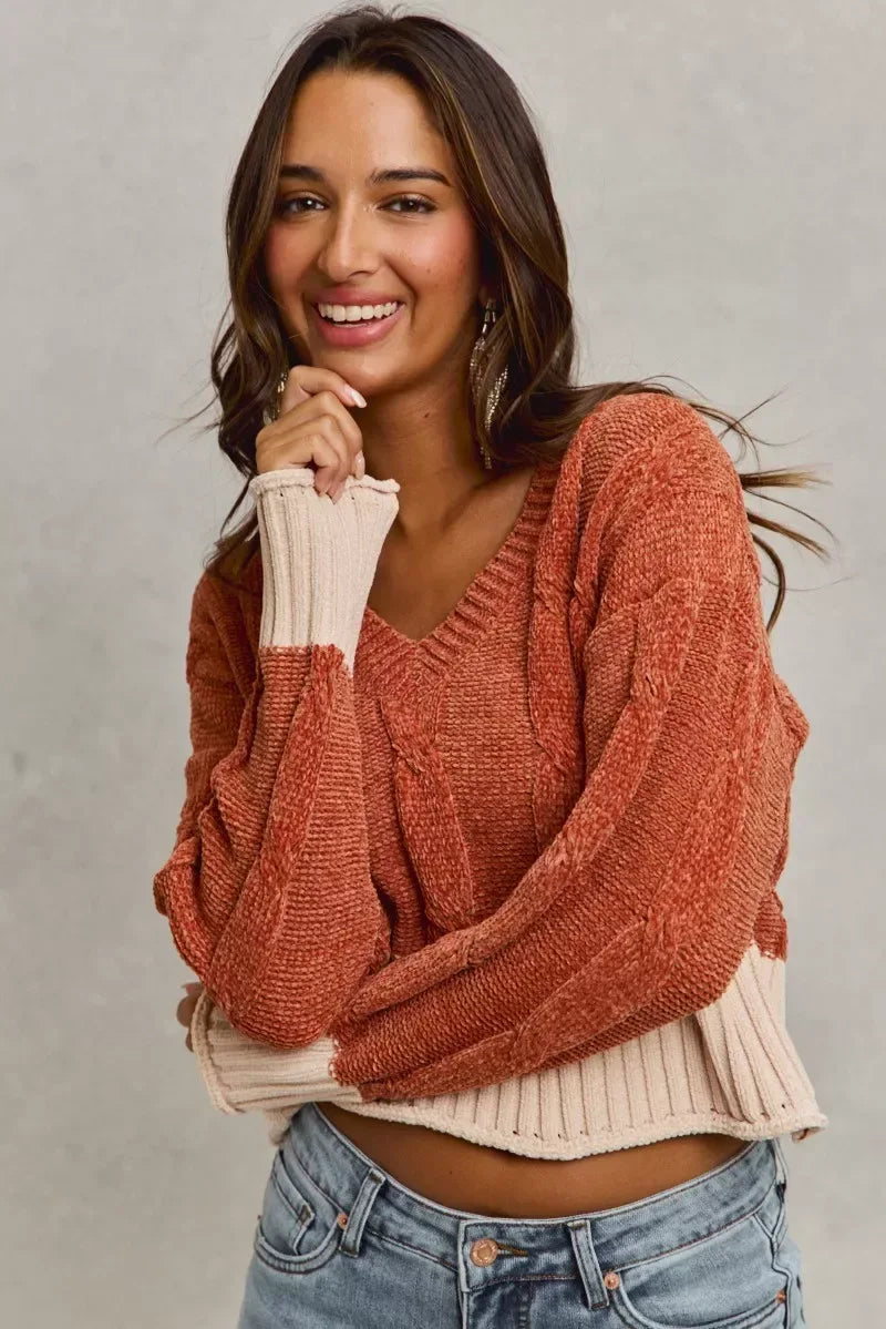 SO ME Chenille Cable Knit V Neck Contrast Cropped Sweater - Trendsi - Flyclothing LLC