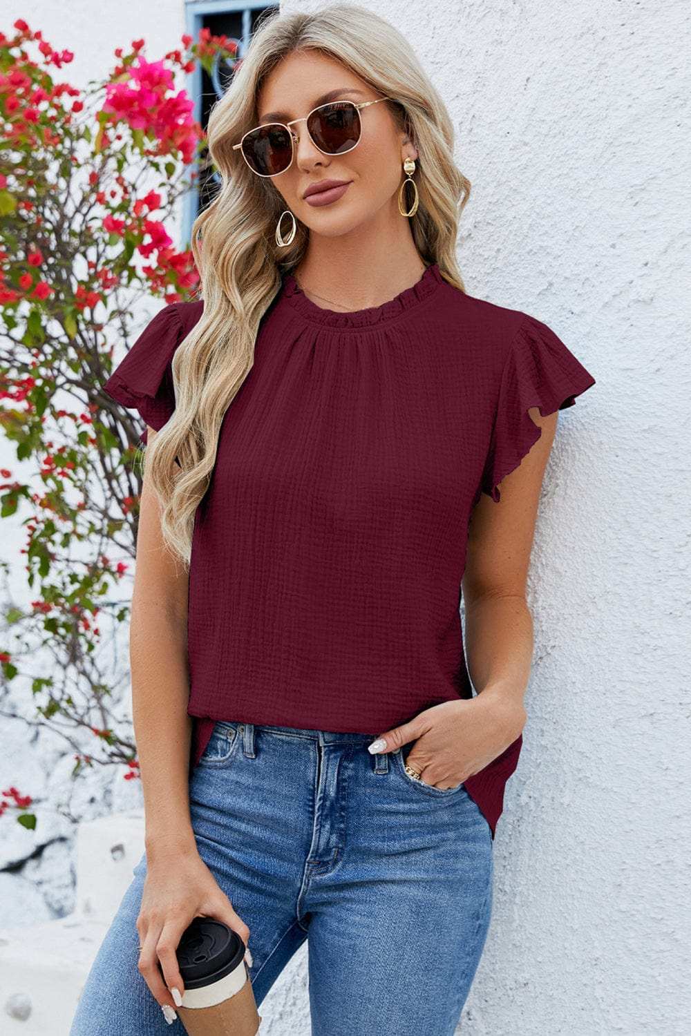 Ruffled Round Neck Cap Sleeve Blouse - Trendsi - Flyclothing LLC