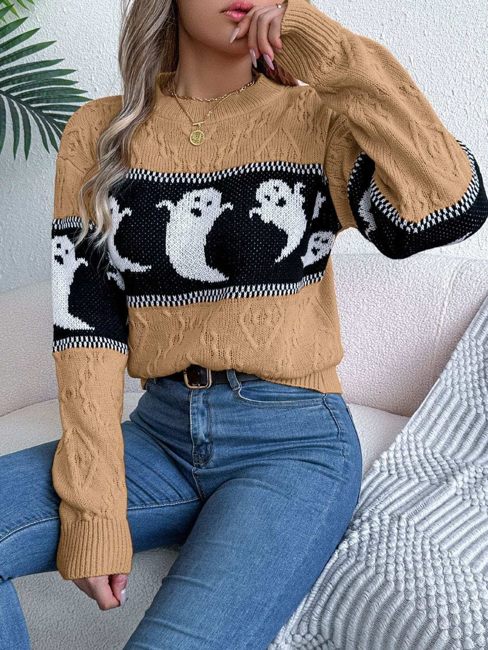 Ghost Round Neck Long Sleeve Sweater - Trendsi - Flyclothing LLC
