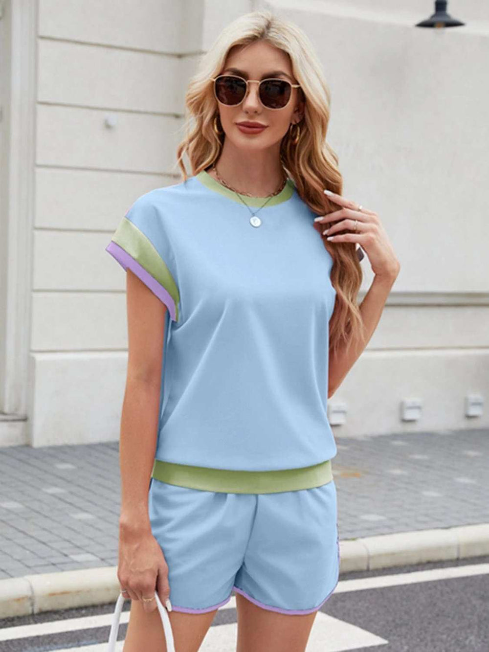 Contrast Round Neck Top and Shorts Set - Trendsi - Flyclothing LLC