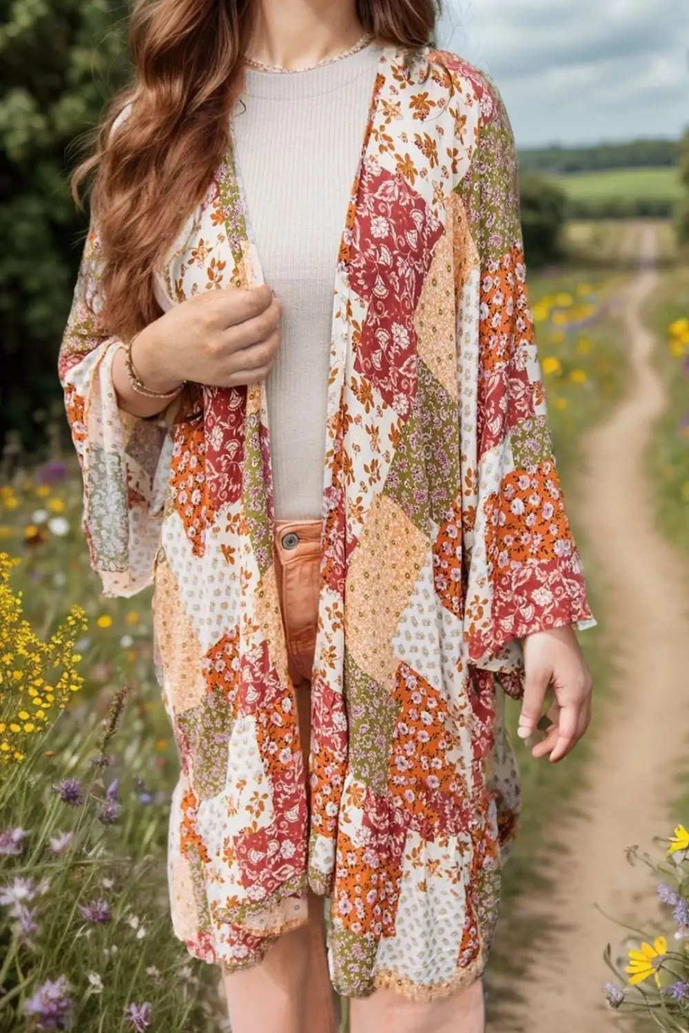 Printed Open Front Long Sleeve Cover-Up - Trendsi - Flyclothing LLC