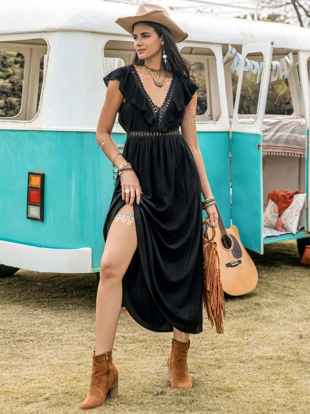 Lace Detail Plunge Cap Sleeve Midi Dress - Trendsi - Flyclothing LLC