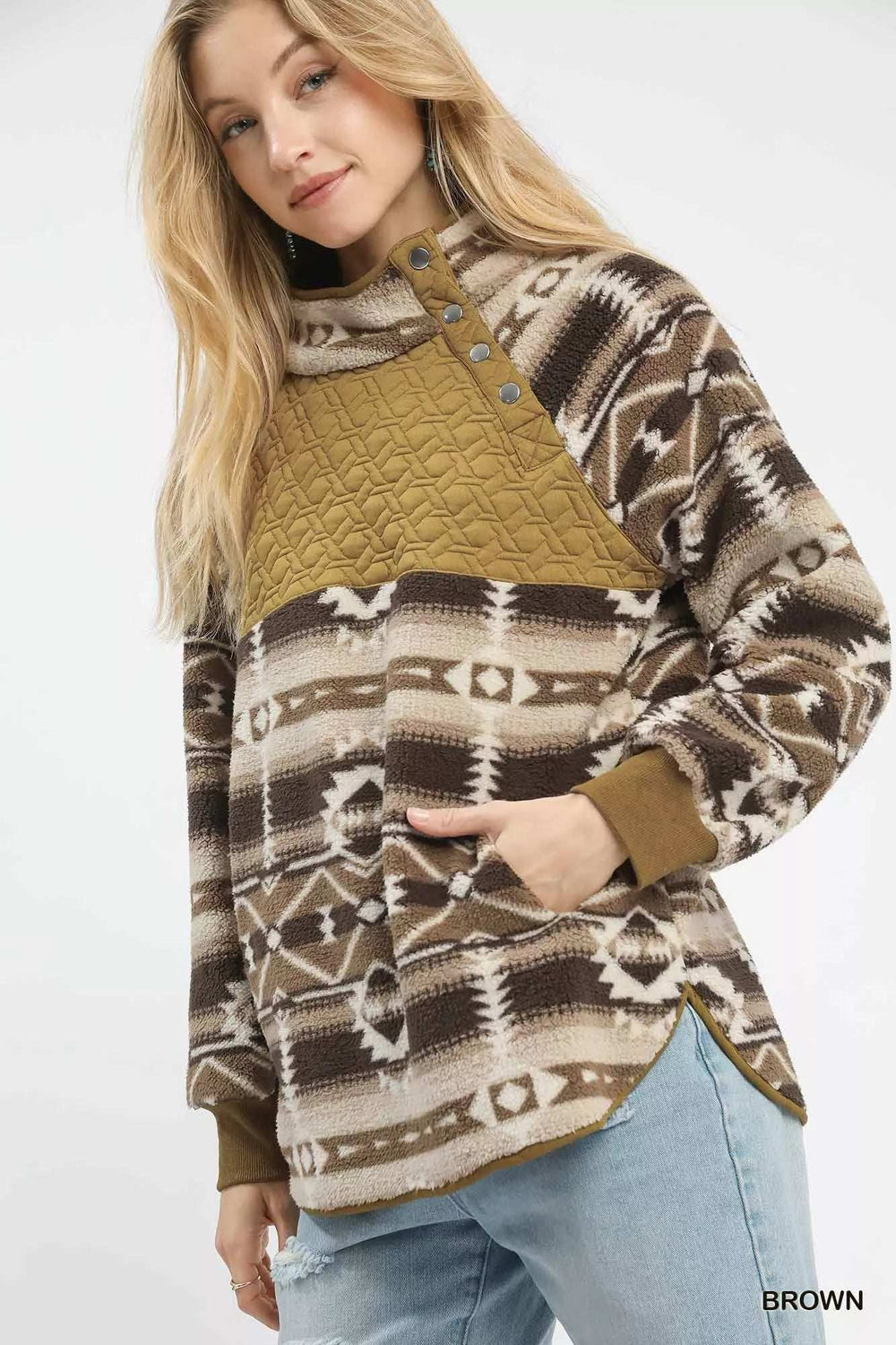 Umgee Aztec Print Sherpa Pullover - Trendsi - Flyclothing LLC