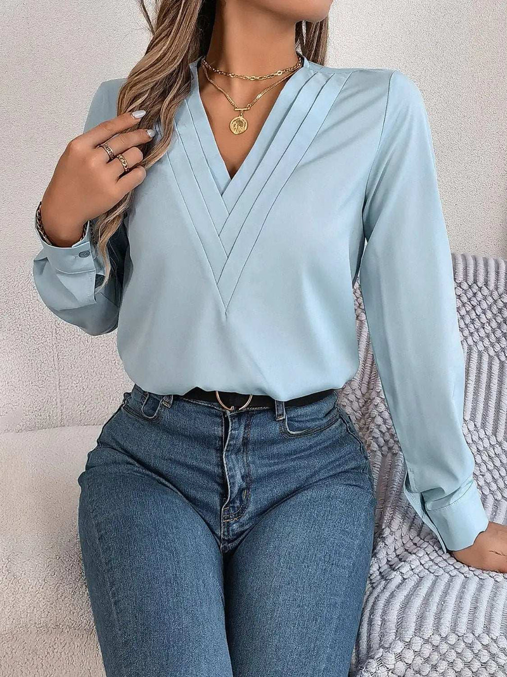 V-Neck Long Sleeve Blouse - Trendsi - Flyclothing LLC