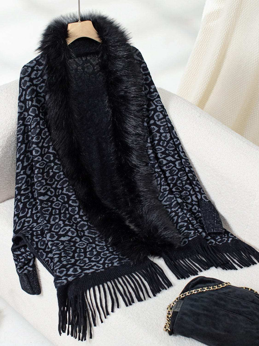 Fringe Leopard Open Front Long Sleeve Poncho - Trendsi - Flyclothing LLC