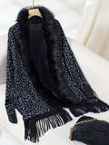 Fringe Leopard Open Front Long Sleeve Poncho - Trendsi - Flyclothing LLC