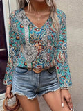 Printed V-Neck Long Sleeve Blouse - Trendsi - Flyclothing LLC
