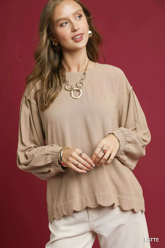Umgee Linen Scallop Hem Long Sleeve Blouse - Trendsi - Flyclothing LLC