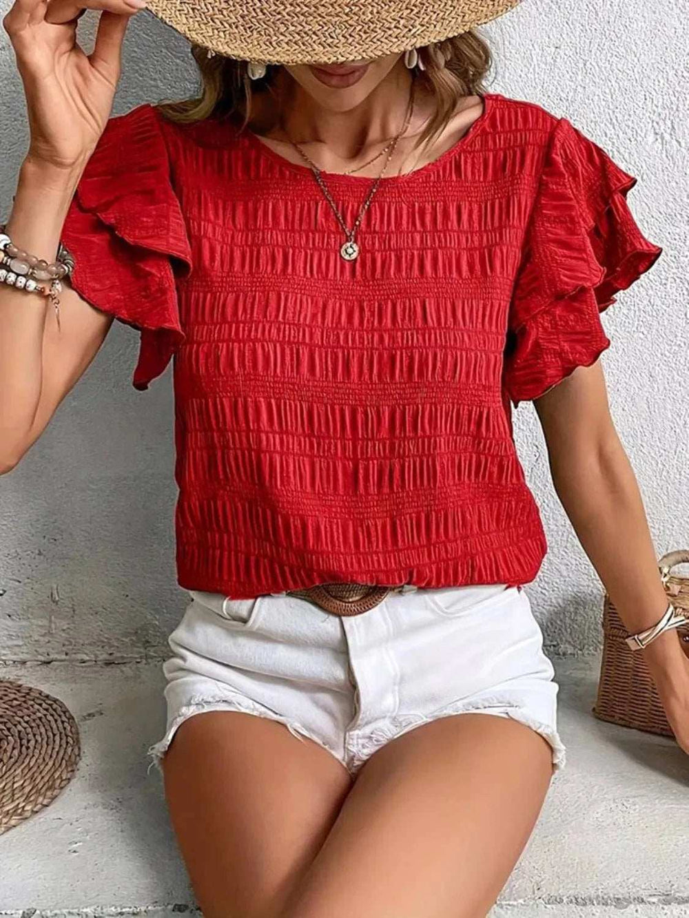 Round Neck Ruffled Short Sleeve Top - Trendsi - Flyclothing LLC